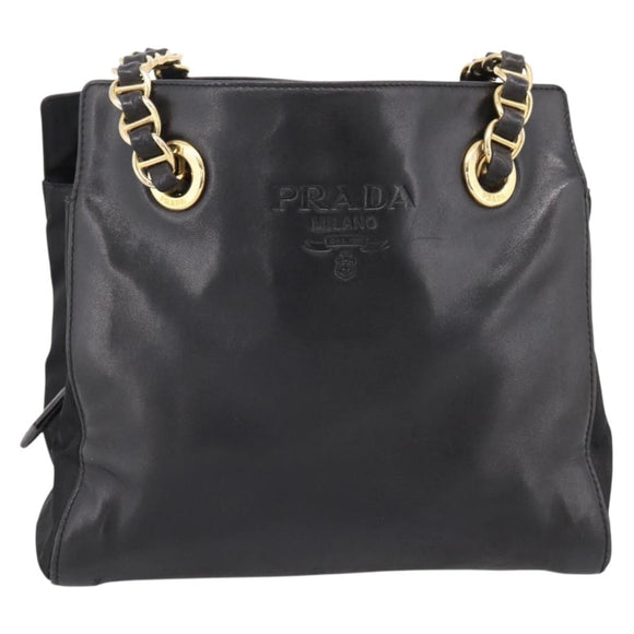 PRADA Chain Tote Bag Leather Nylon Black Gold Auth am12698V