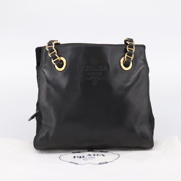 PRADA Chain Tote Bag Leather Nylon Black Gold Auth am12698V