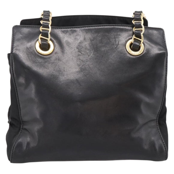 PRADA Chain Tote Bag Leather Nylon Black Gold Auth am12698V