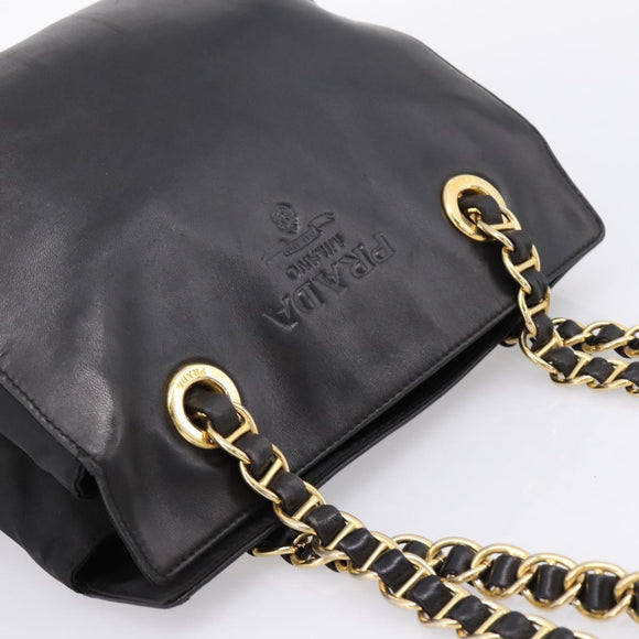 PRADA Chain Tote Bag Leather Nylon Black Gold Auth am12698V