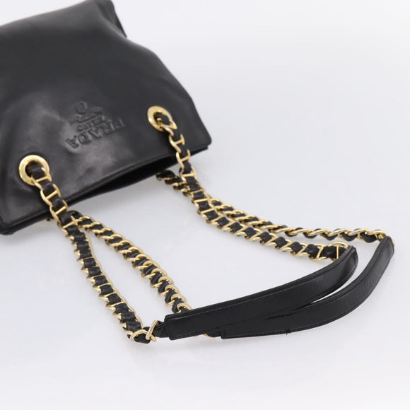 PRADA Chain Tote Bag Leather Nylon Black Gold Auth am12698V