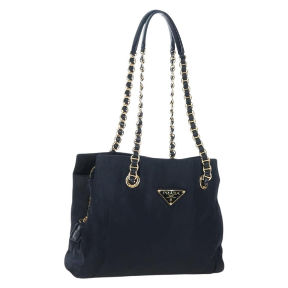 PRADA Chain Tote Bag Nylon Navy Gold Auth am12703V