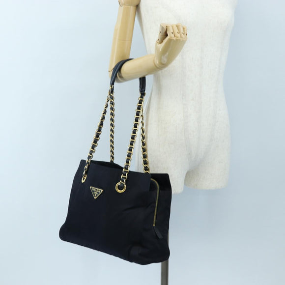 PRADA Chain Tote Bag Nylon Navy Gold Auth am12703V