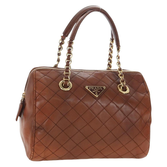 PRADA Chain Hand Bag Leather Brown Gold Auth am12708V