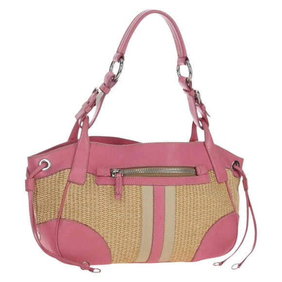 PRADA Shoulder Bag Raffia Beige Pink Silver Auth am12710V