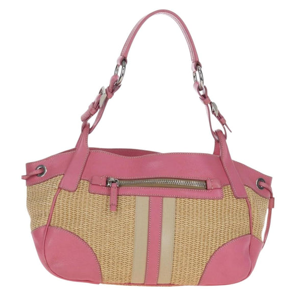 PRADA Shoulder Bag Raffia Beige Pink Silver Auth am12710V