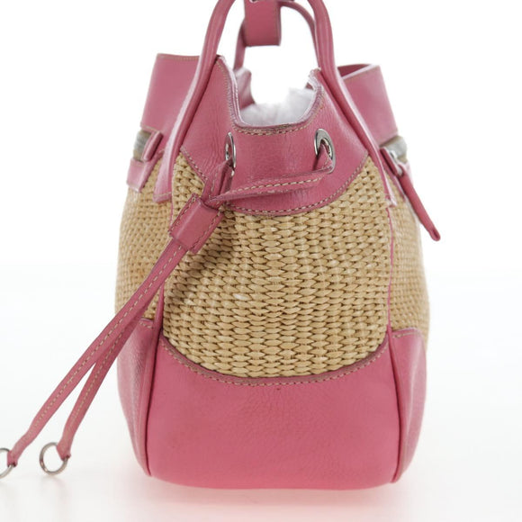 PRADA Shoulder Bag Raffia Beige Pink Silver Auth am12710V