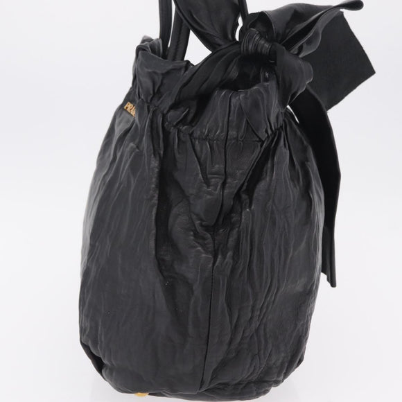 PRADA Side Ribbon Tote Bag Leather Black Gold Auth am12722V