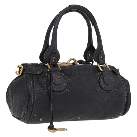 Chloe Paddington Hand Bag Leather Black Gold Silver Auth am12725V