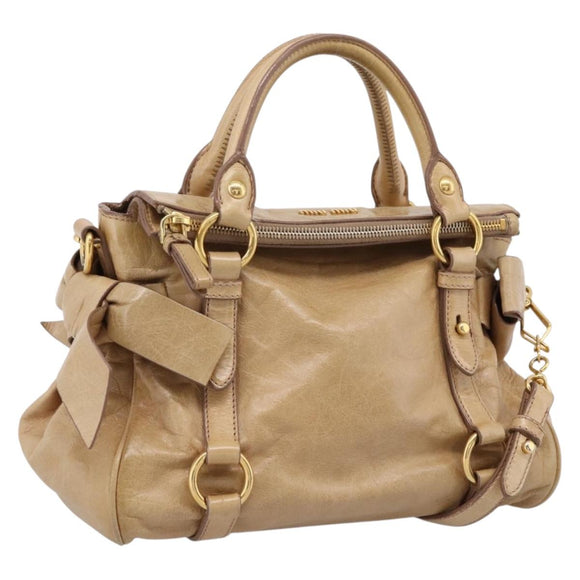 Miu Miu Side Ribbon Hand Bag Leather 2way Beige Gold Auth am12726V