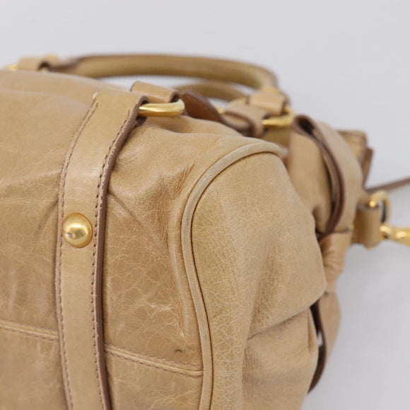 Miu Miu Side Ribbon Hand Bag Leather 2way Beige Gold Auth am12726V