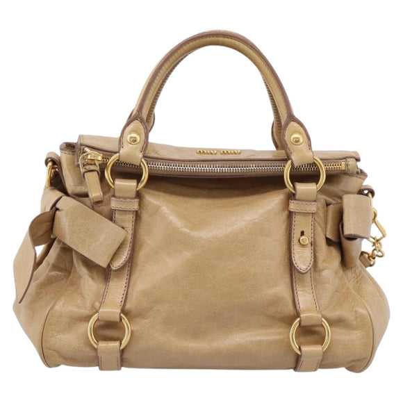 Miu Miu Side Ribbon Hand Bag Leather 2way Beige Gold Auth am12726V