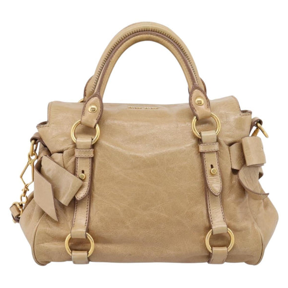 Miu Miu Side Ribbon Hand Bag Leather 2way Beige Gold Auth am12726V