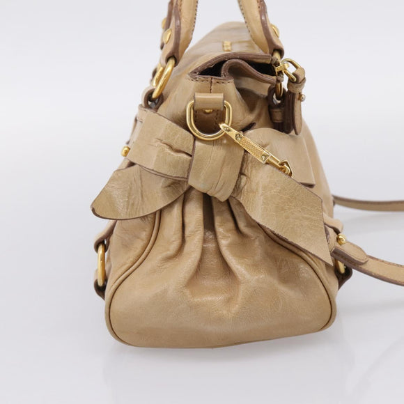 Miu Miu Side Ribbon Hand Bag Leather 2way Beige Gold Auth am12726V