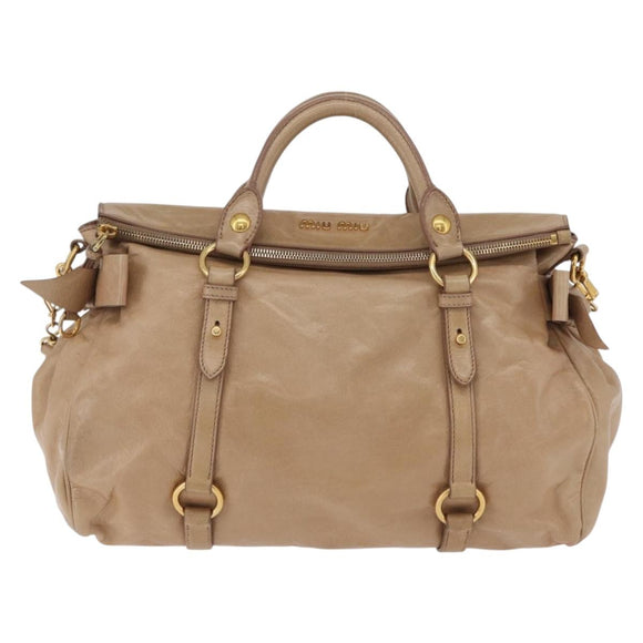 Miu Miu Side Ribbon Hand Bag Leather 2way Beige Gold Auth am12729V
