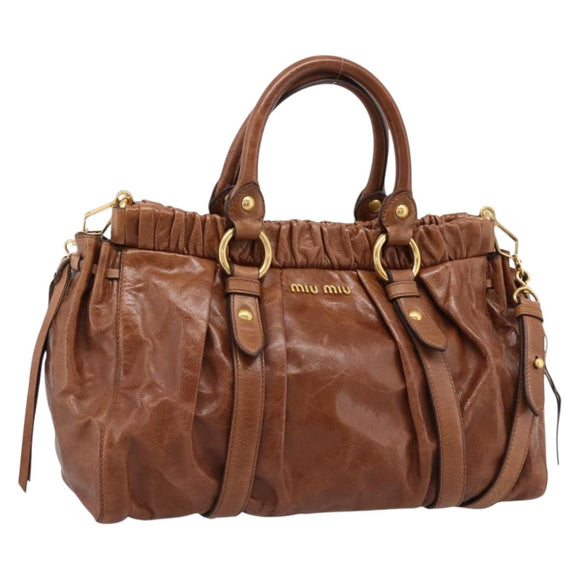 Miu Miu Side Ribbon Hand Bag Leather 2way Brown Gold RT0383 Auth am12737M