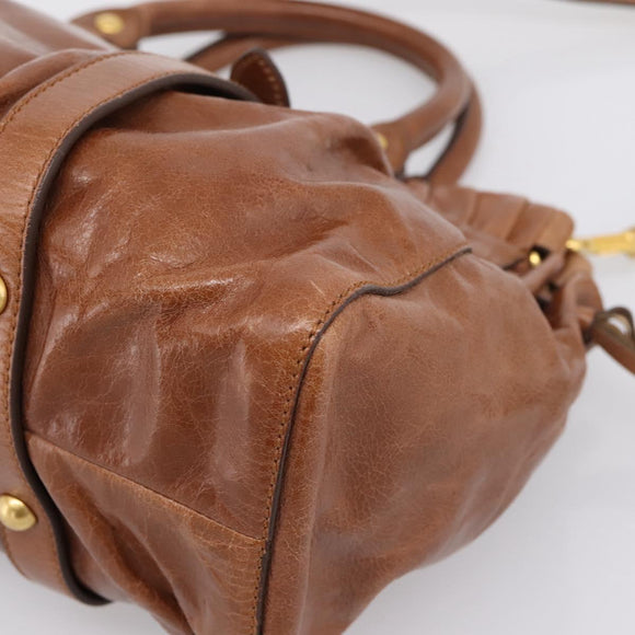 Miu Miu Side Ribbon Hand Bag Leather 2way Brown Gold RT0383 Auth am12737M