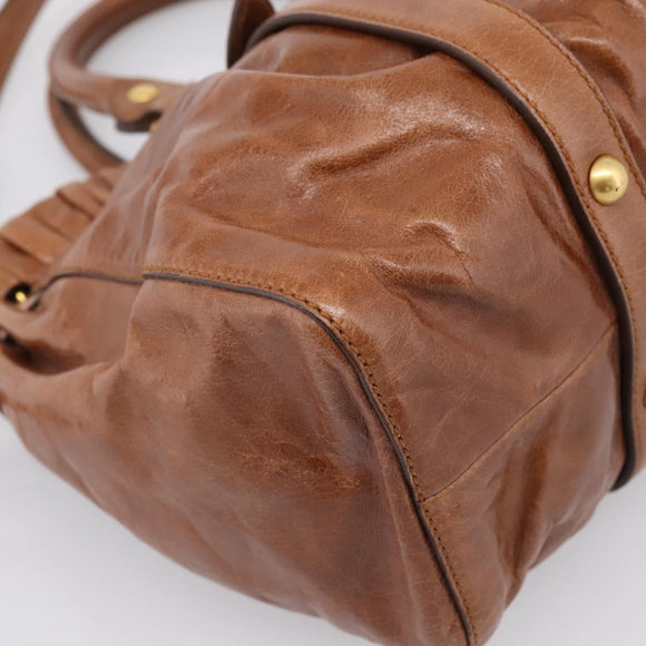 Miu Miu Side Ribbon Hand Bag Leather 2way Brown Gold RT0383 Auth am12737M