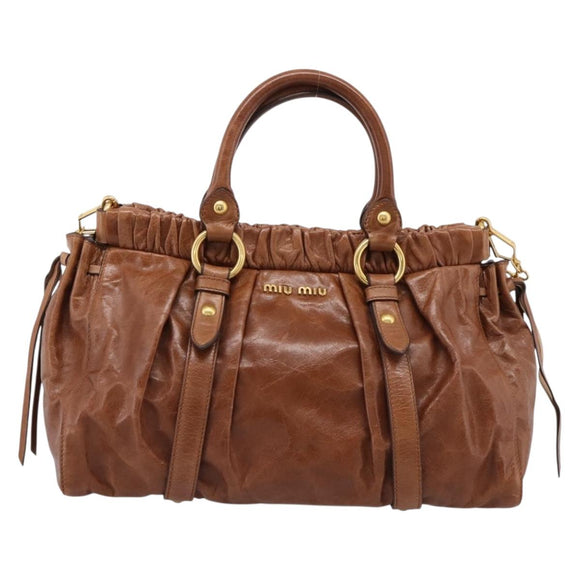 Miu Miu Side Ribbon Hand Bag Leather 2way Brown Gold RT0383 Auth am12737M