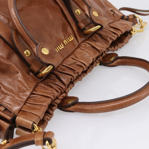 Miu Miu Side Ribbon Hand Bag Leather 2way Brown Gold RT0383 Auth am12737M