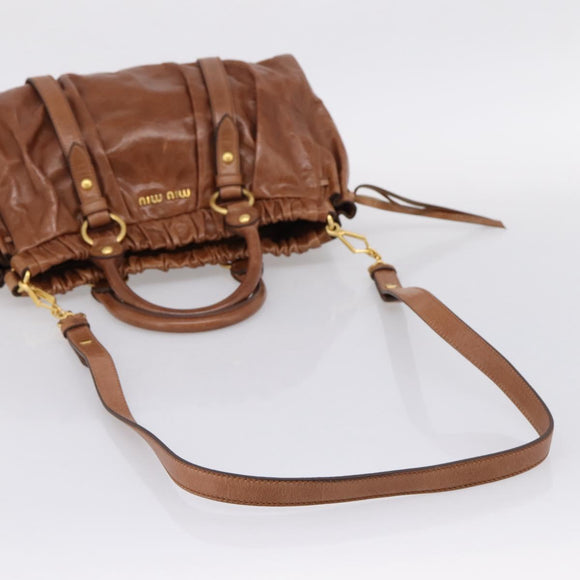 Miu Miu Side Ribbon Hand Bag Leather 2way Brown Gold RT0383 Auth am12737M