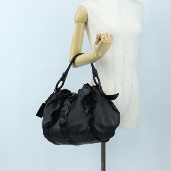 PRADA Frill Shoulder Bag Leather Black Silver Auth am12754V