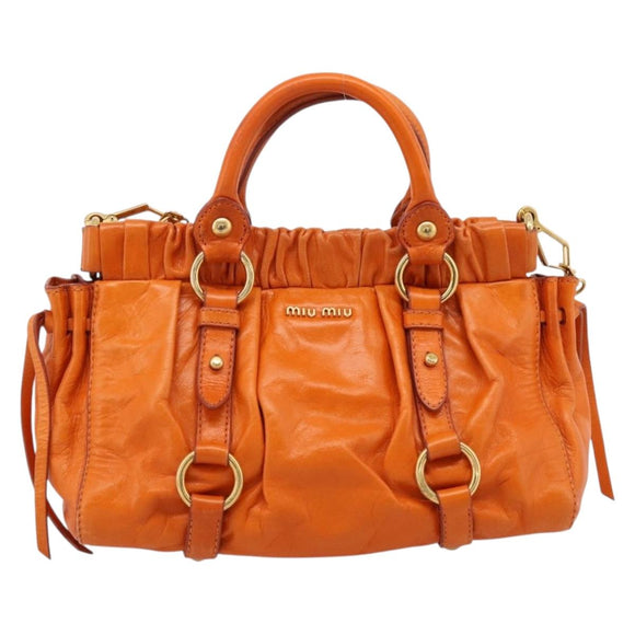 Miu Miu Side Ribbon Hand Bag Leather 2way Orange Gold Auth am12762V