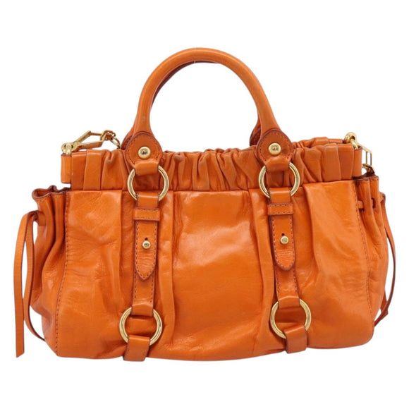 Miu Miu Side Ribbon Hand Bag Leather 2way Orange Gold Auth am12762V