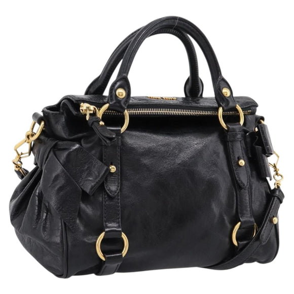 Miu Miu Side Ribbon Hand Bag Leather 2way Black Gold Auth am12763M