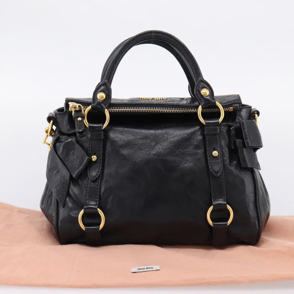Miu Miu Side Ribbon Hand Bag Leather 2way Black Gold Auth am12763M