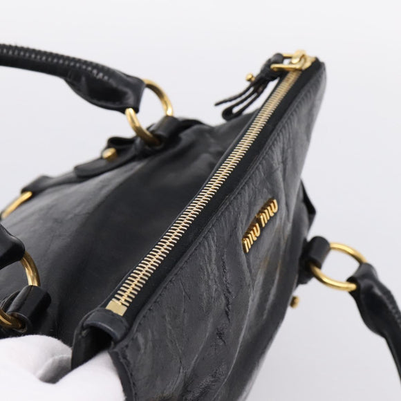 Miu Miu Side Ribbon Hand Bag Leather 2way Black Gold Auth am12763M