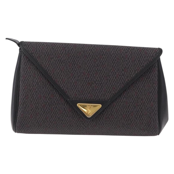 Saint Laurent Clutch Bag Leather Canvas Black Gray gold Auth am12782A