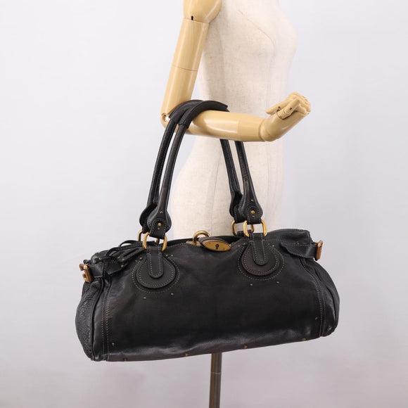 Chloe Paddington Hand Bag Leather Black Gold Tone Auth am12812V