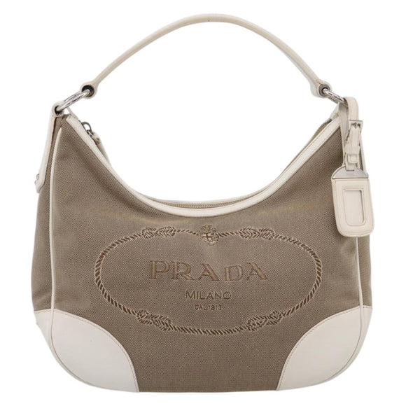 PRADA Jacquard Hand Bag Canvas Beige Silver BR3423 Auth am12817V