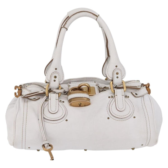 Chloe Paddington Hand Bag Leather White Gold Tone Auth am12820V