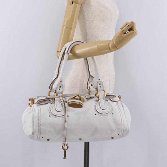 Chloe Paddington Hand Bag Leather White Gold Tone Auth am12820V