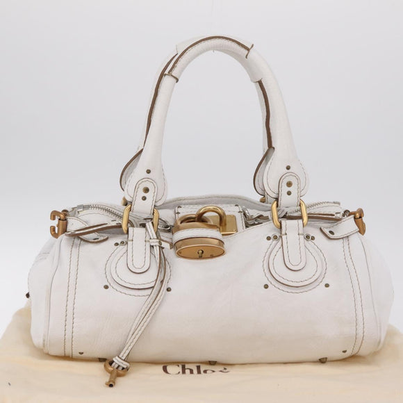 Chloe Paddington Hand Bag Leather White Gold Tone Auth am12820V