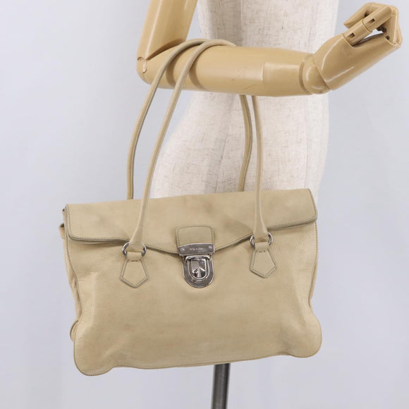 PRADA Tote Bag Leather Ivory Silver Auth am12827A