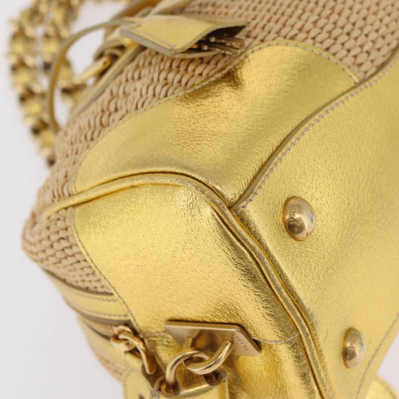 PRADA Chain Hand Bag Raffia Beige Gold Tone BL0352 Auth am12833M