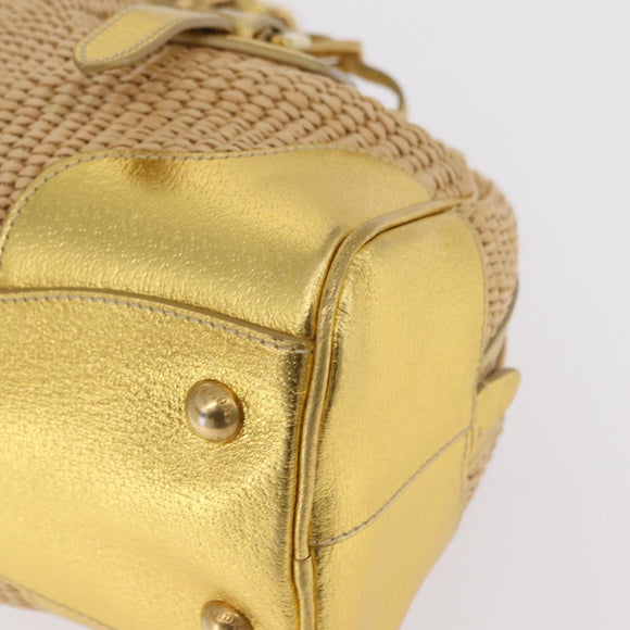 PRADA Chain Hand Bag Raffia Beige Gold Tone BL0352 Auth am12833M
