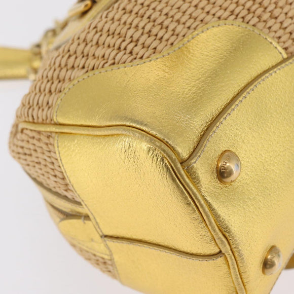 PRADA Chain Hand Bag Raffia Beige Gold Tone BL0352 Auth am12833M
