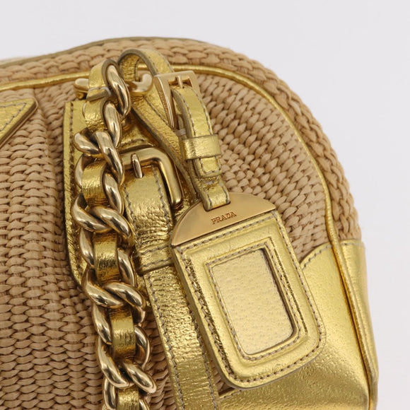 PRADA Chain Hand Bag Raffia Beige Gold Tone BL0352 Auth am12833M
