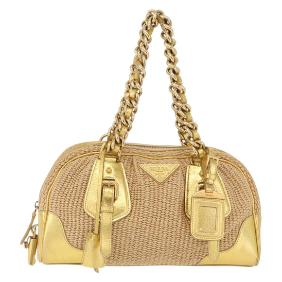 PRADA Chain Hand Bag Raffia Beige Gold Tone BL0352 Auth am12833M