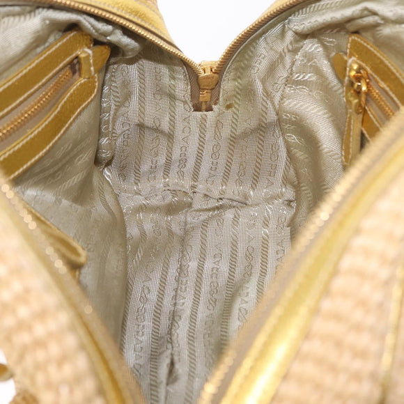 PRADA Chain Hand Bag Raffia Beige Gold Tone BL0352 Auth am12833M
