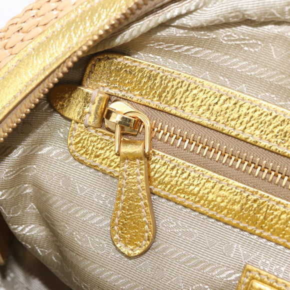 PRADA Chain Hand Bag Raffia Beige Gold Tone BL0352 Auth am12833M