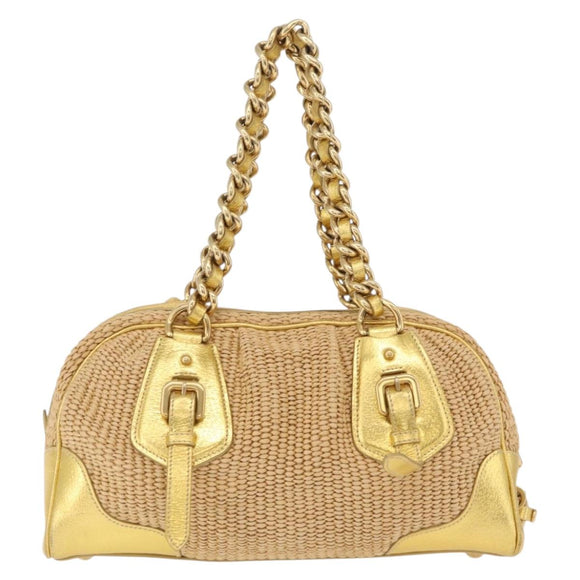 PRADA Chain Hand Bag Raffia Beige Gold Tone BL0352 Auth am12833M