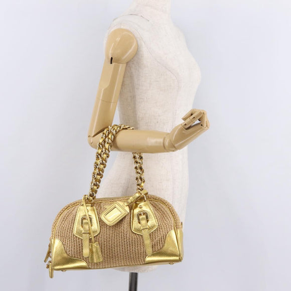 PRADA Chain Hand Bag Raffia Beige Gold Tone BL0352 Auth am12833M