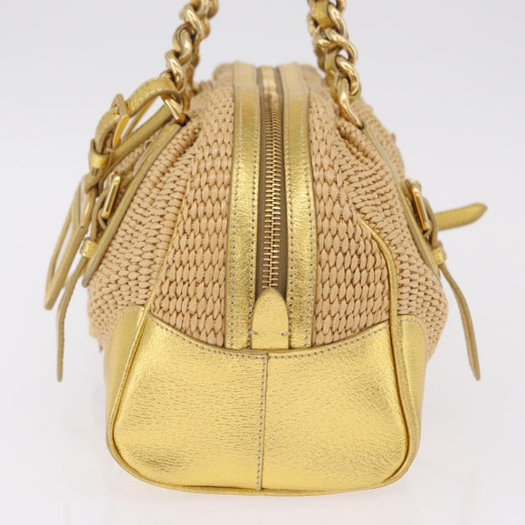 PRADA Chain Hand Bag Raffia Beige Gold Tone BL0352 Auth am12833M