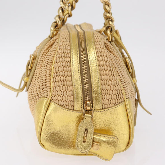 PRADA Chain Hand Bag Raffia Beige Gold Tone BL0352 Auth am12833M
