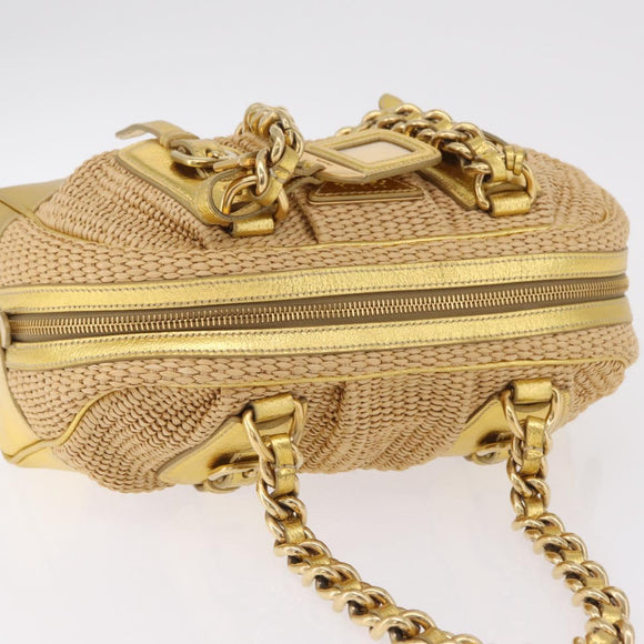 PRADA Chain Hand Bag Raffia Beige Gold Tone BL0352 Auth am12833M